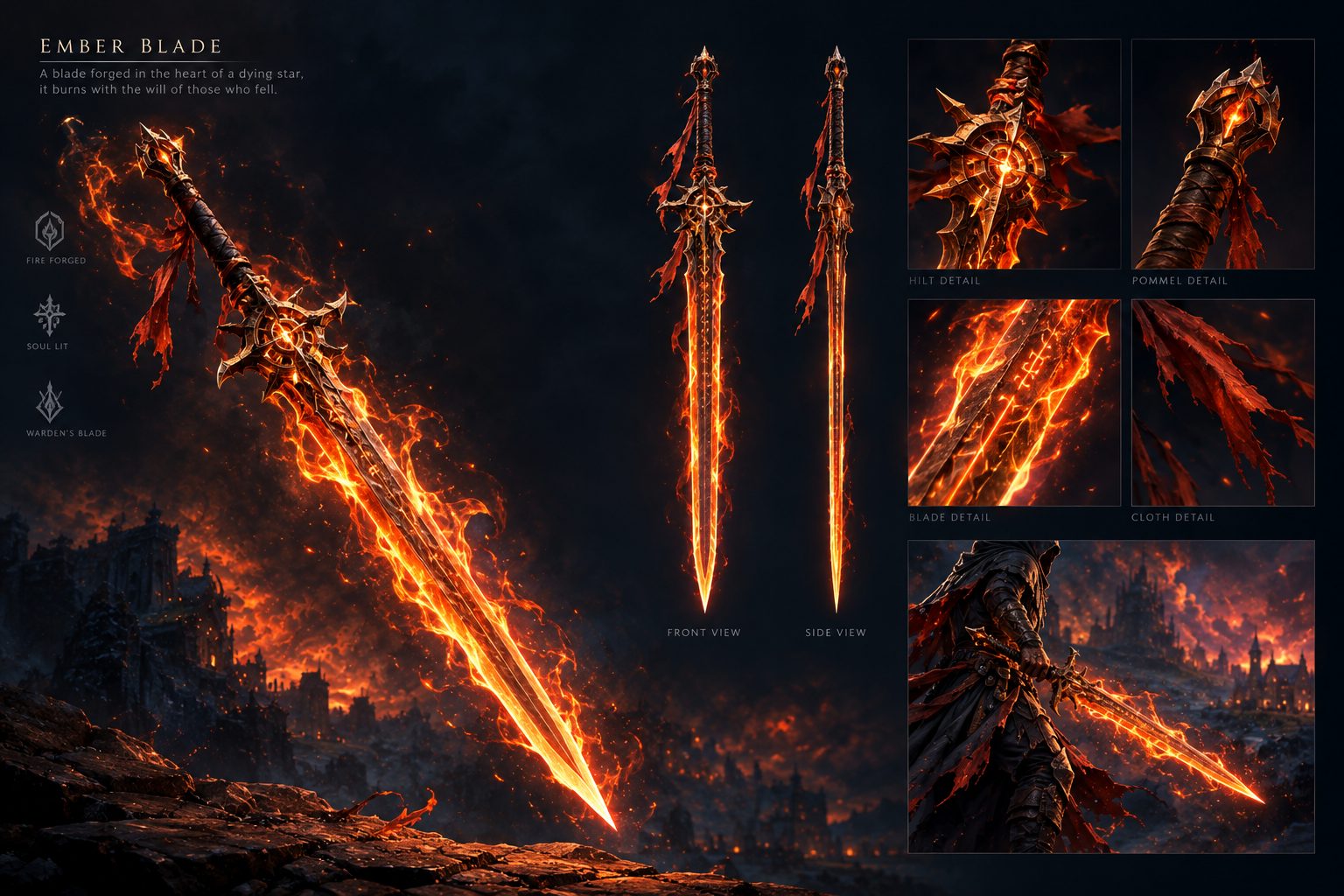 Ember Blade concept sheet: a sword with glowing veins of fire