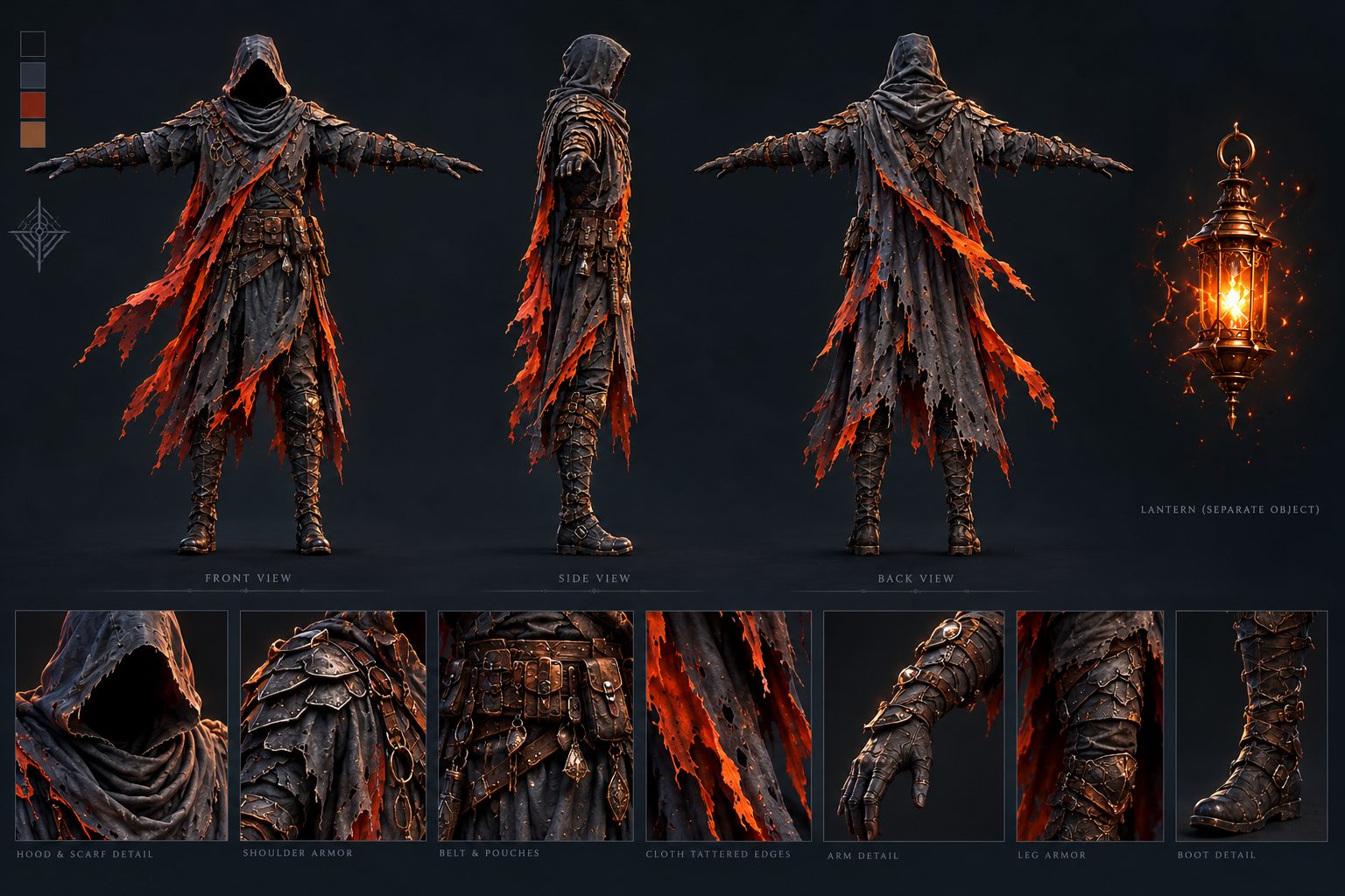Raven character concept board: front, side and back views with lantern